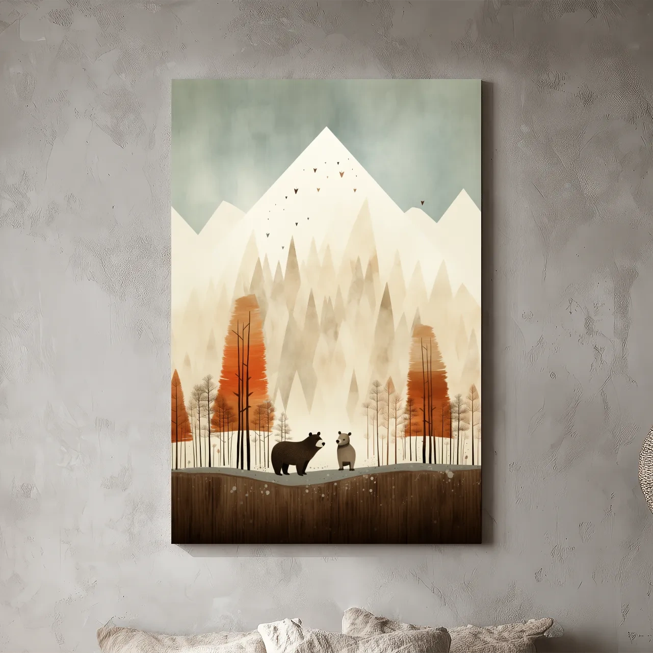 Whimsical Bear Family Autumn Forest Illustration - Nursery Woodland Wall Art