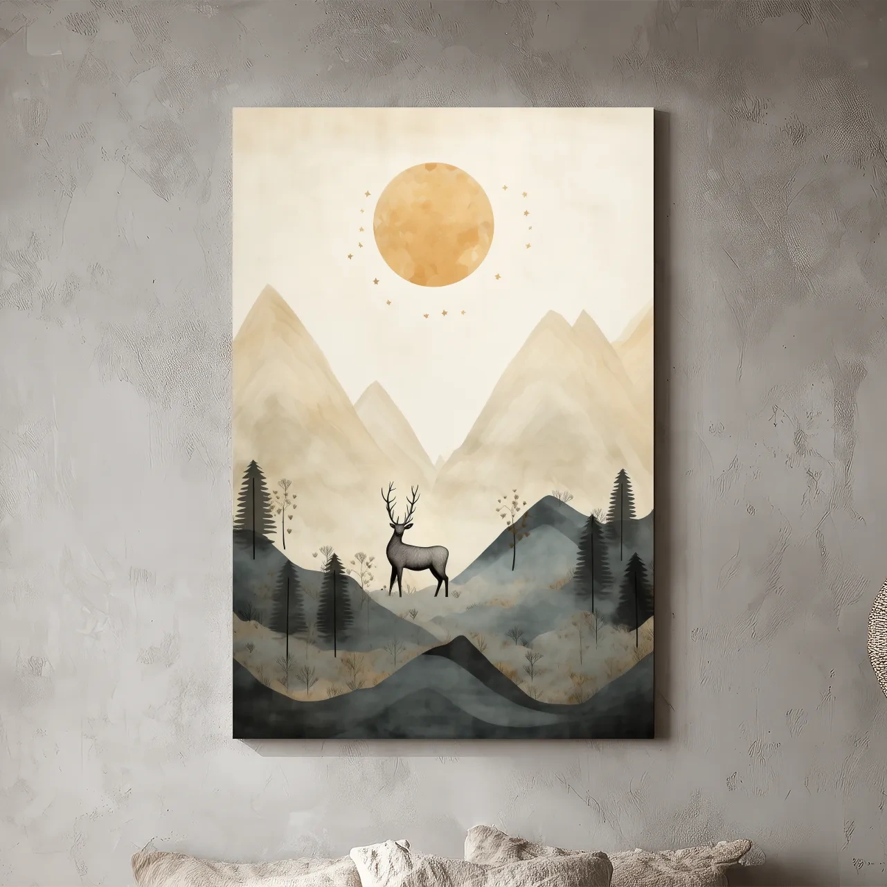 Boho Deer In Misty Mountains - Woodland Landscape Wall Art