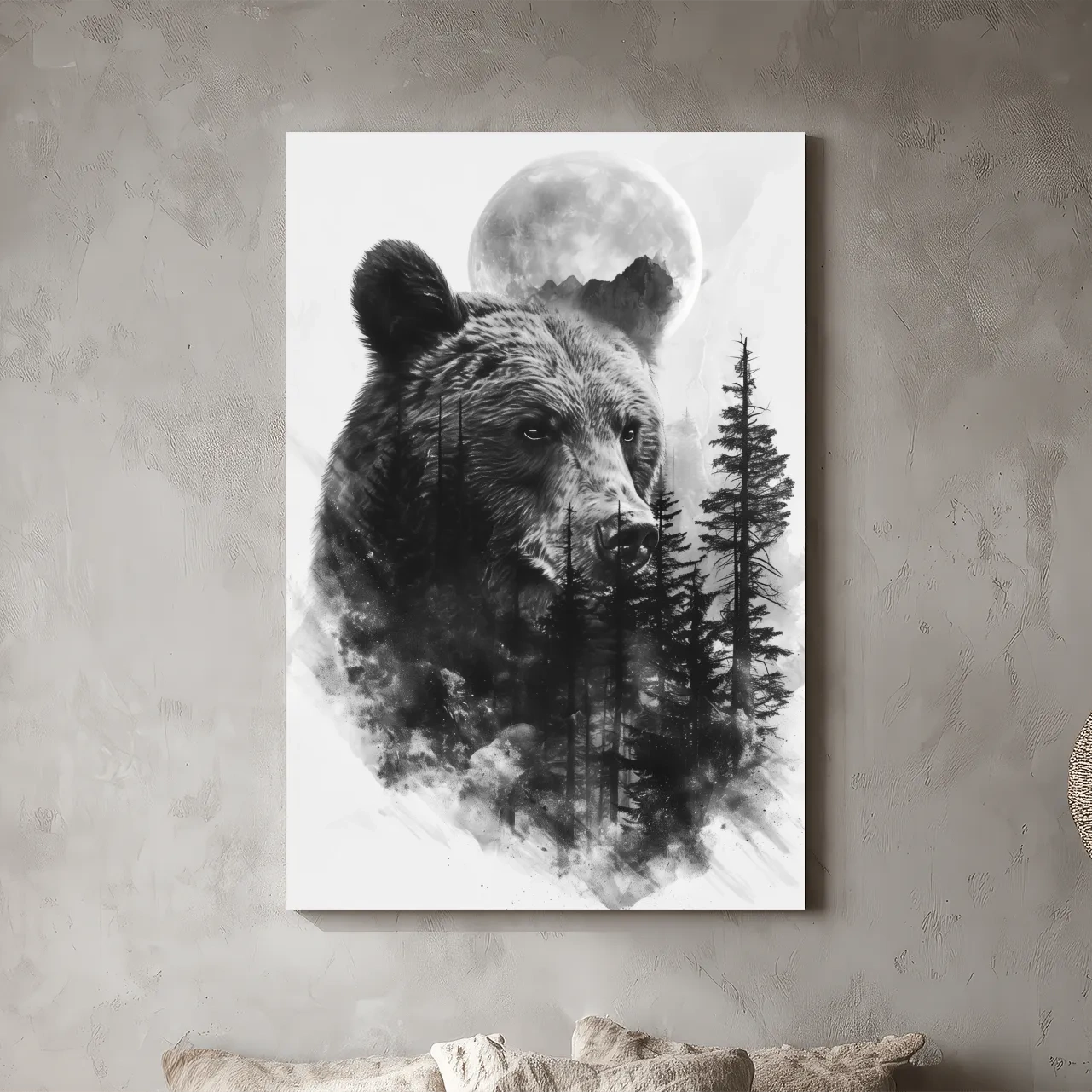 Grizzly Bear Moon Forest Drawing - Black And White Double Exposure Wildlife Wall Art