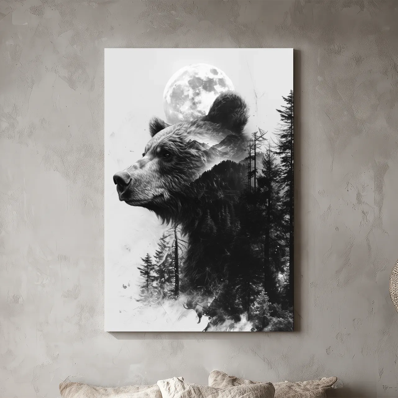 Grizzly Bear Double Exposure Drawing - Moonlit Pine Forest Wildlife Wall Art