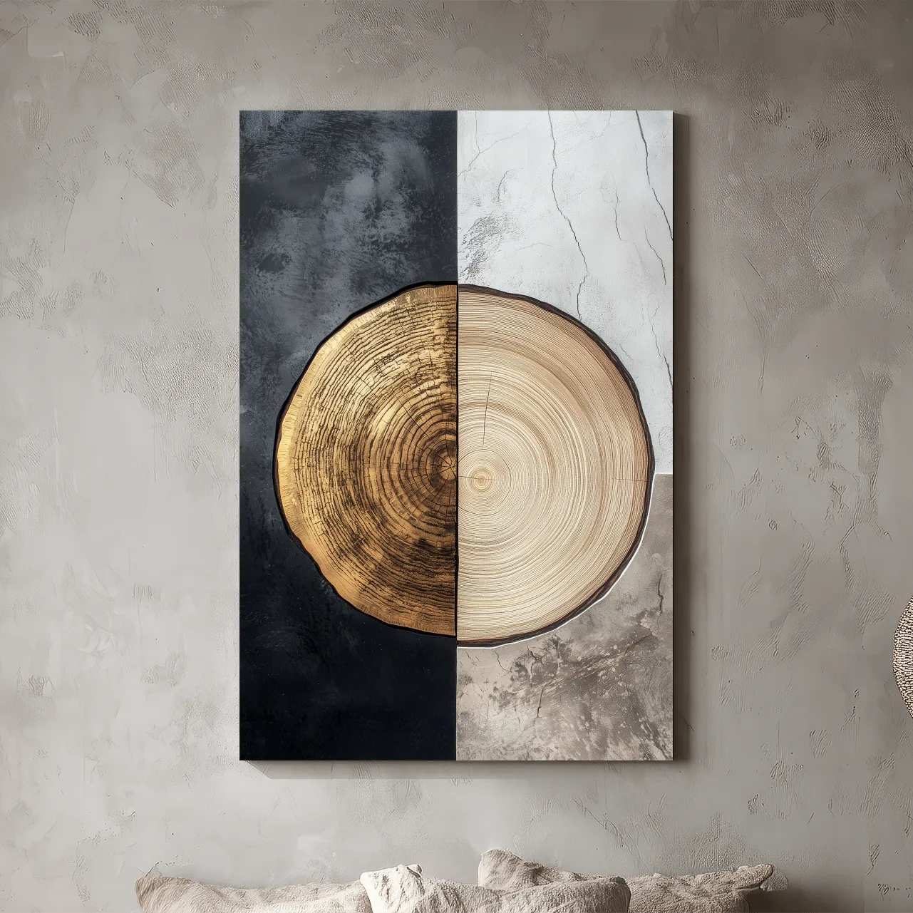 Split Marble And Charcoal Wood Slice - Modern Rustic Tree Ring Wall Art