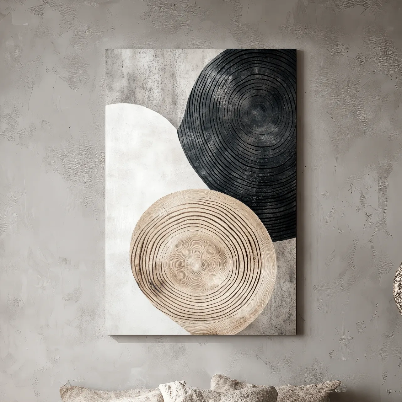 Minimalist Black Beige Wood Grain Circles - Modern Rustic Wall Art