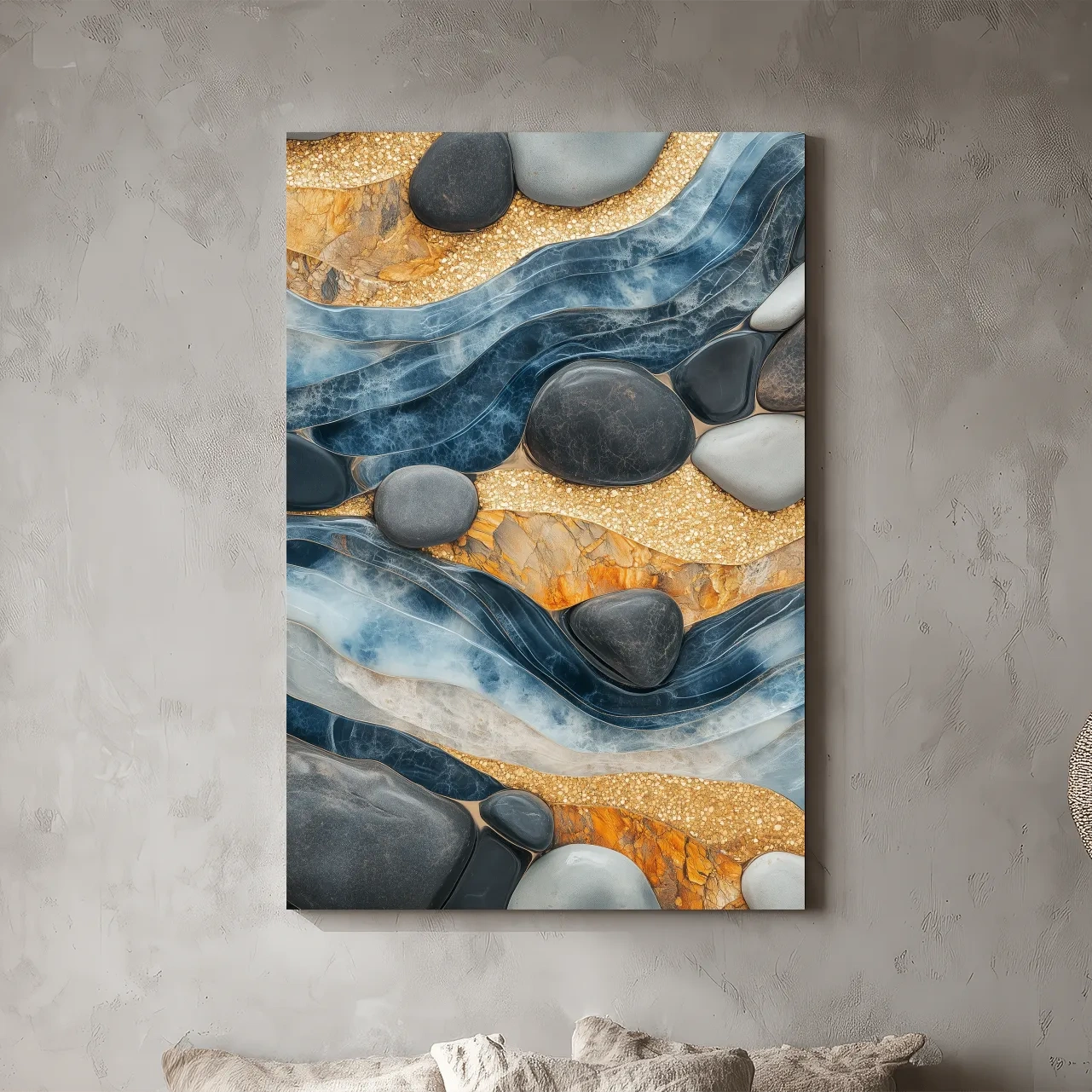 Abstract Blue River Stone Mosaic - Modern Pebble Texture Wall Art