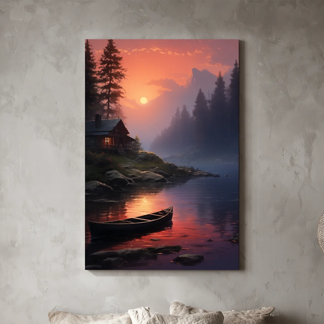 Lakeside Cabin Sunset Landscape - Cinematic Mountain Lake Wall Art