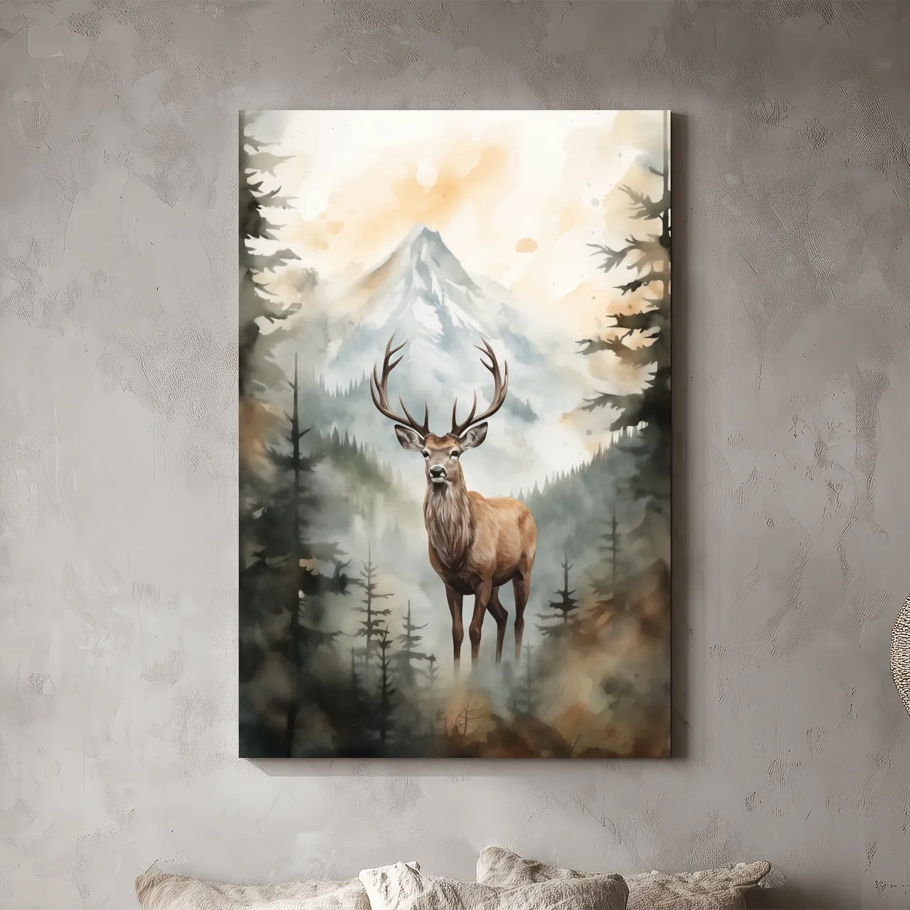 Watercolor Stag In Misty Mountain Forest - Serene Wildlife Wall Art