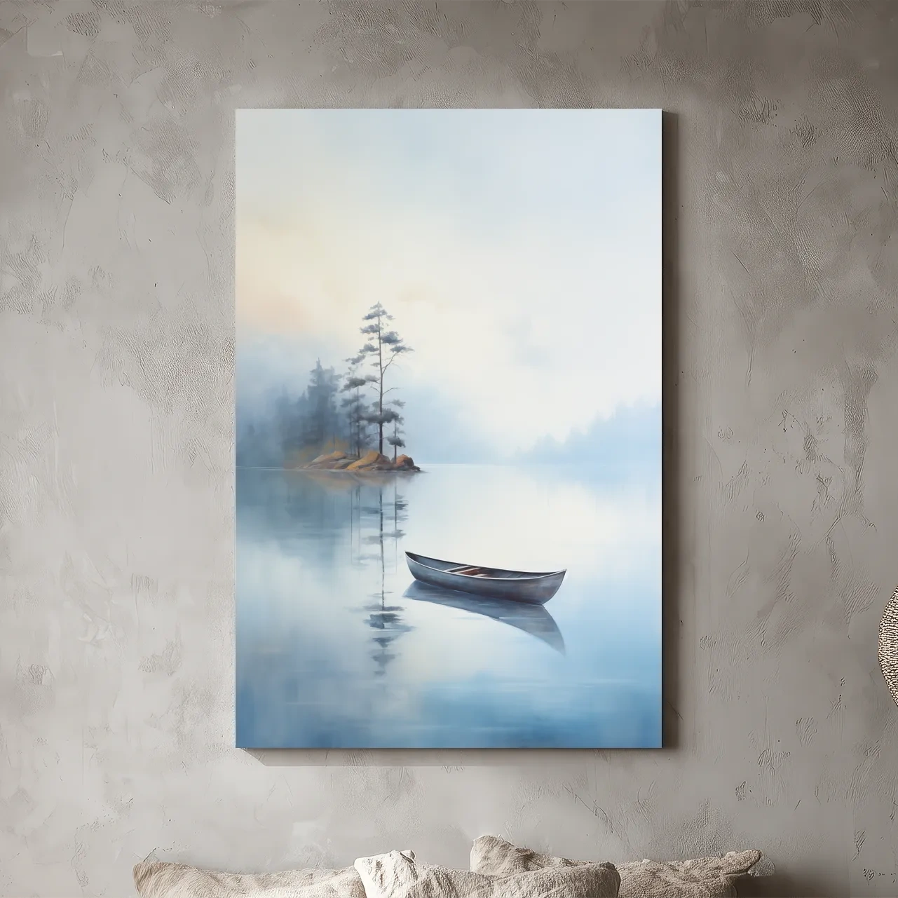 Misty Lake Canoe Painting - Serene Minimalist Watercolor Wall Art