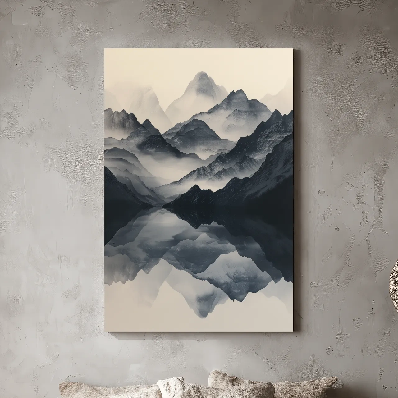 Monochrome Misty Mountain Reflection Landscape - Minimalist Japandi Wall Art