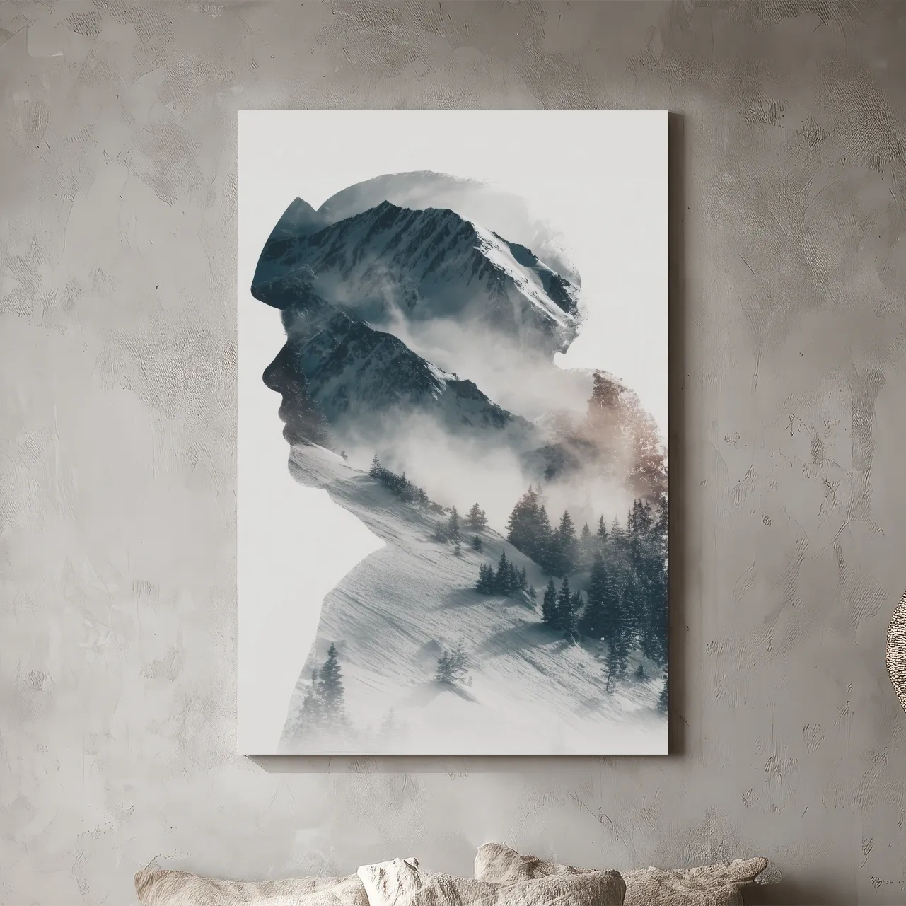 Surreal Double Exposure Skier & Mountain Portrait - Moody Misty Alpine Forest Wall Art
