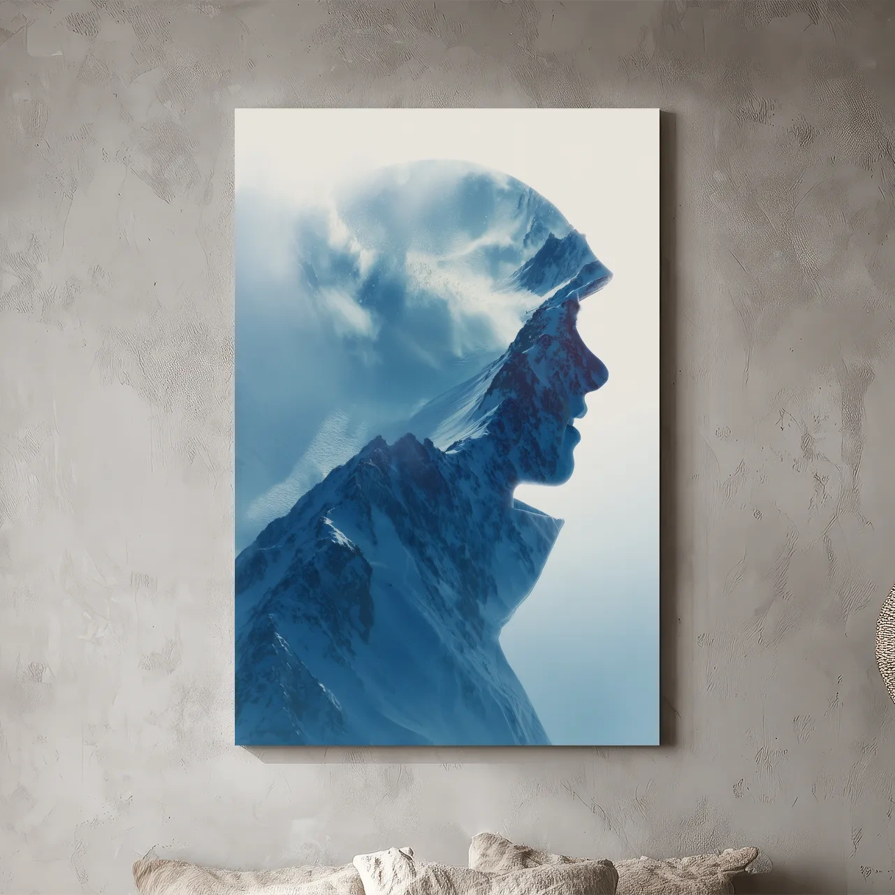 Double Exposure Mountain & Skier Portrait - Modern Snowy Alpine Wall Art