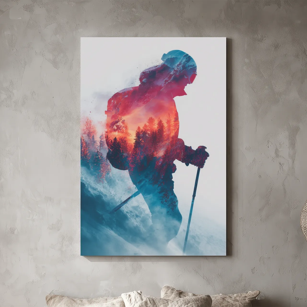 Double Exposure Skiier Silhouette Forest Sunset - Adventure Mountain Landscape Artwork
