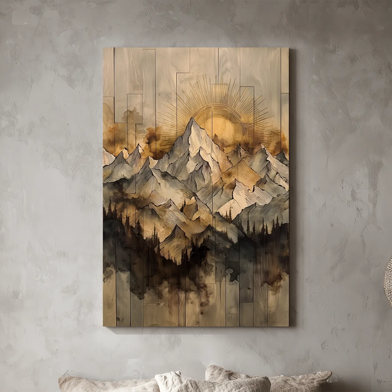 Sunrise Alpine Mountain Range Illustration - Rustic Watercolor Landscape Wall Art