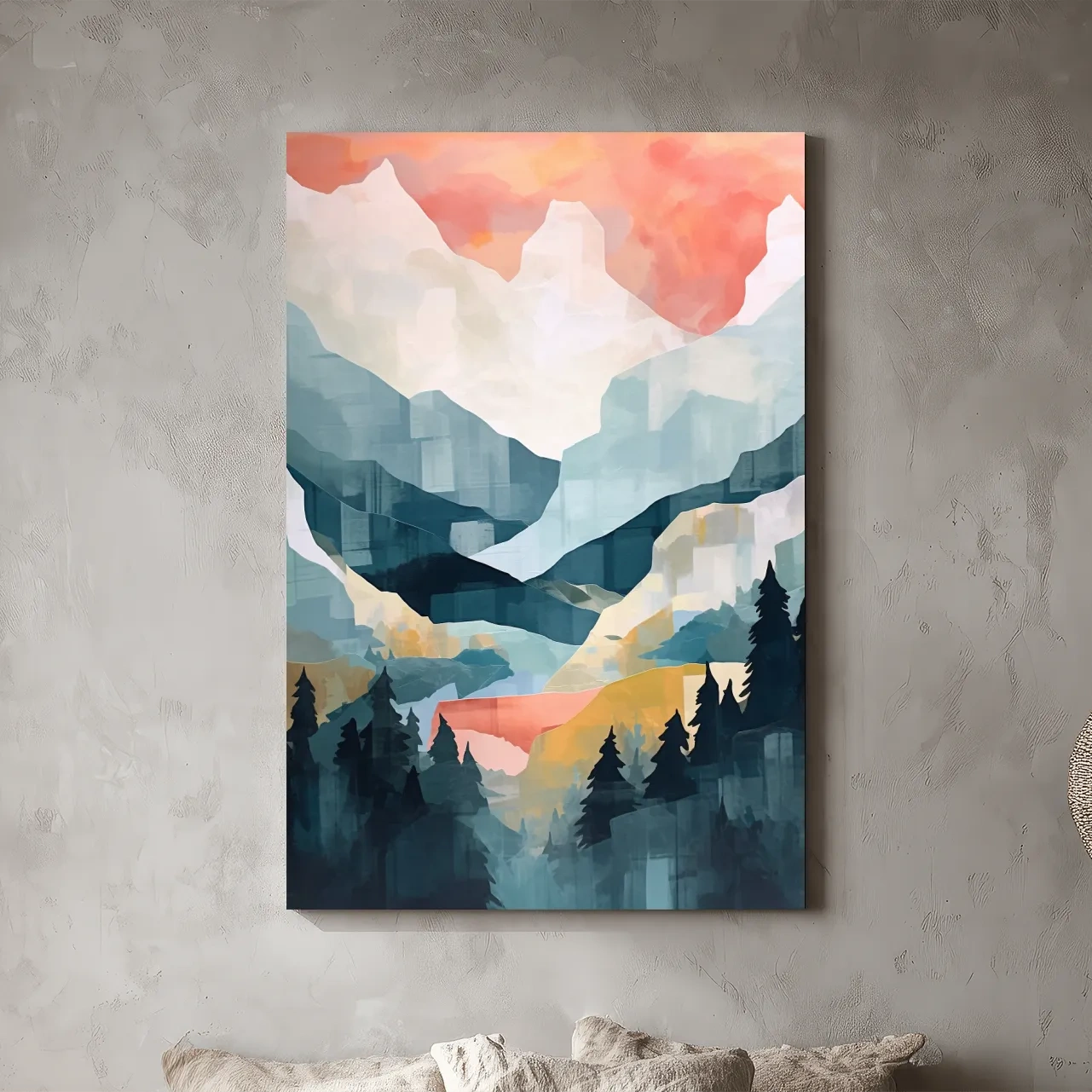 Abstract Watercolor Alpine Mountains At Sunrise - Modern Forest Landscape Artwork
