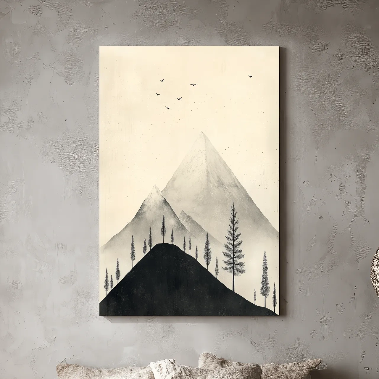 Minimalist Misty Mountain Peaks With Pine Trees - Monochrome Scandinavian Landscape Artwork