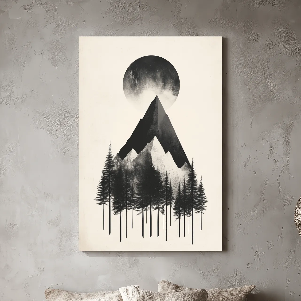 Minimalist Monochrome Mountain Peak & Pine Forest - Modern Scandinavian Style Wall Art