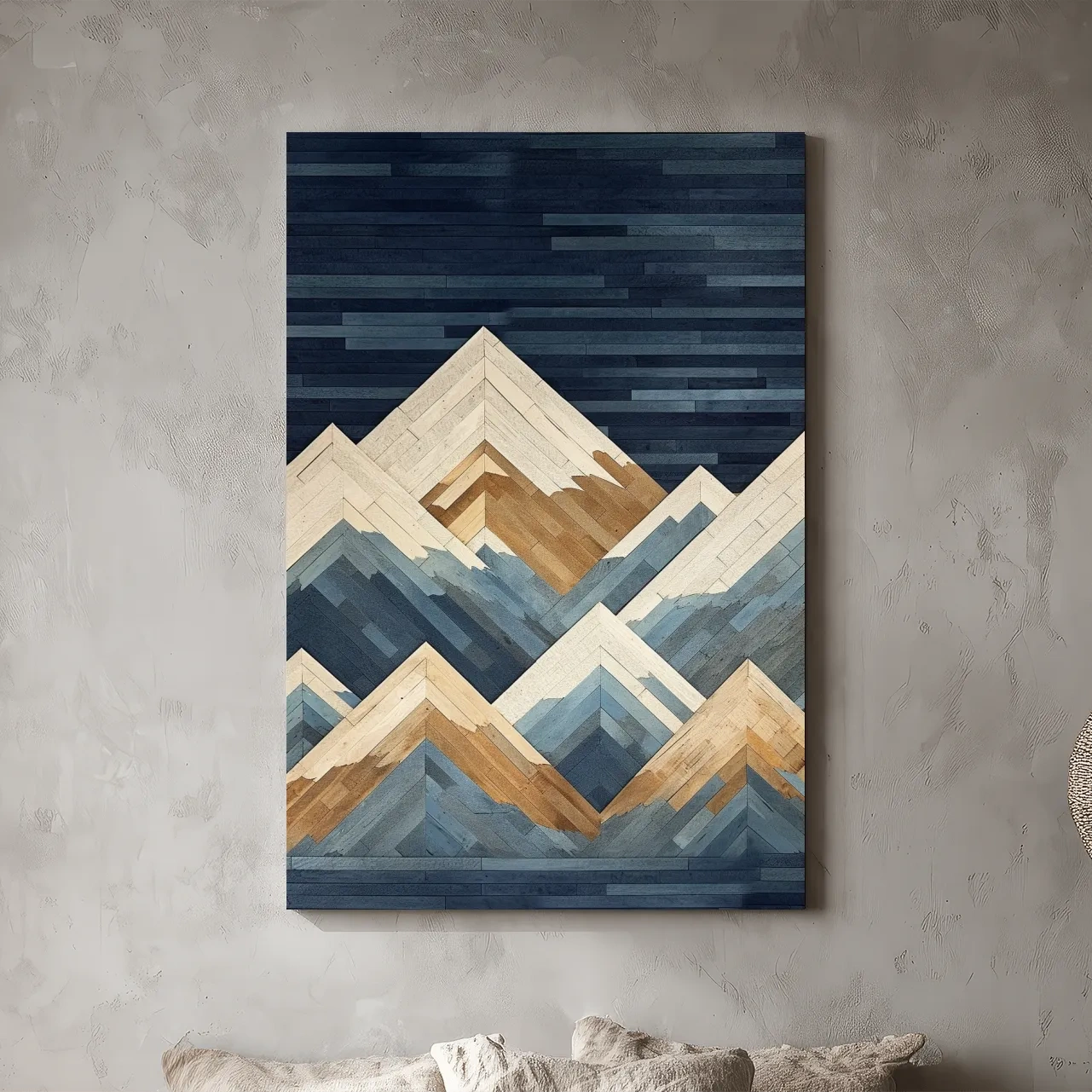 Geometric Layered Mountain Peaks - Wood Texture Landscape Wall Art