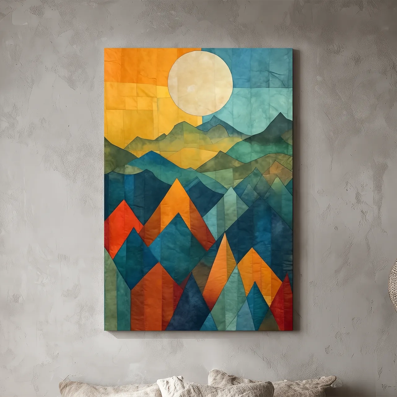 Geometric Patchwork Sunlit Mountain Range Painting - Colorful Abstract Alpine Wall Art
