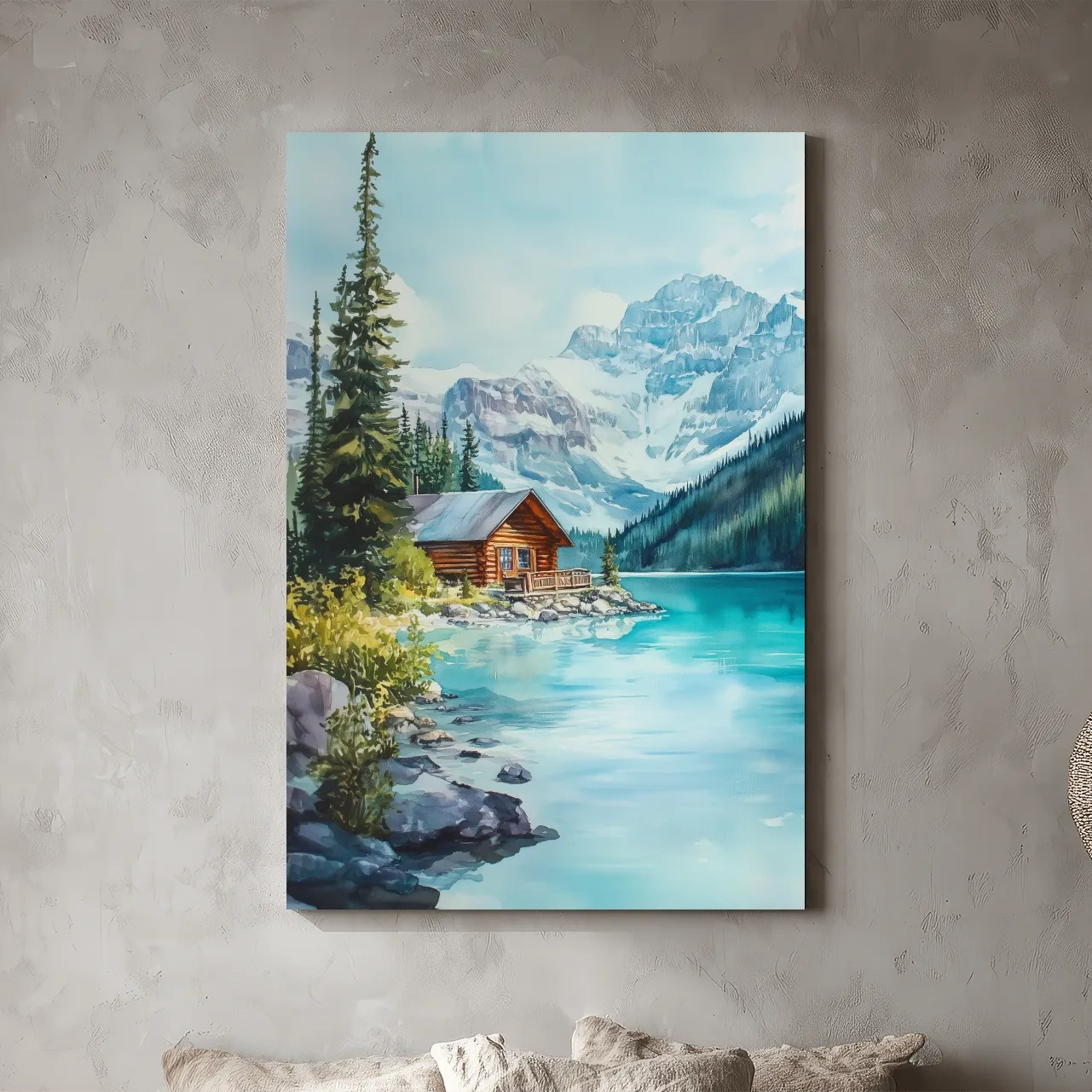 Turquoise Alpine Lake Cabin Watercolor - Serene Snowy Mountain Wall Art