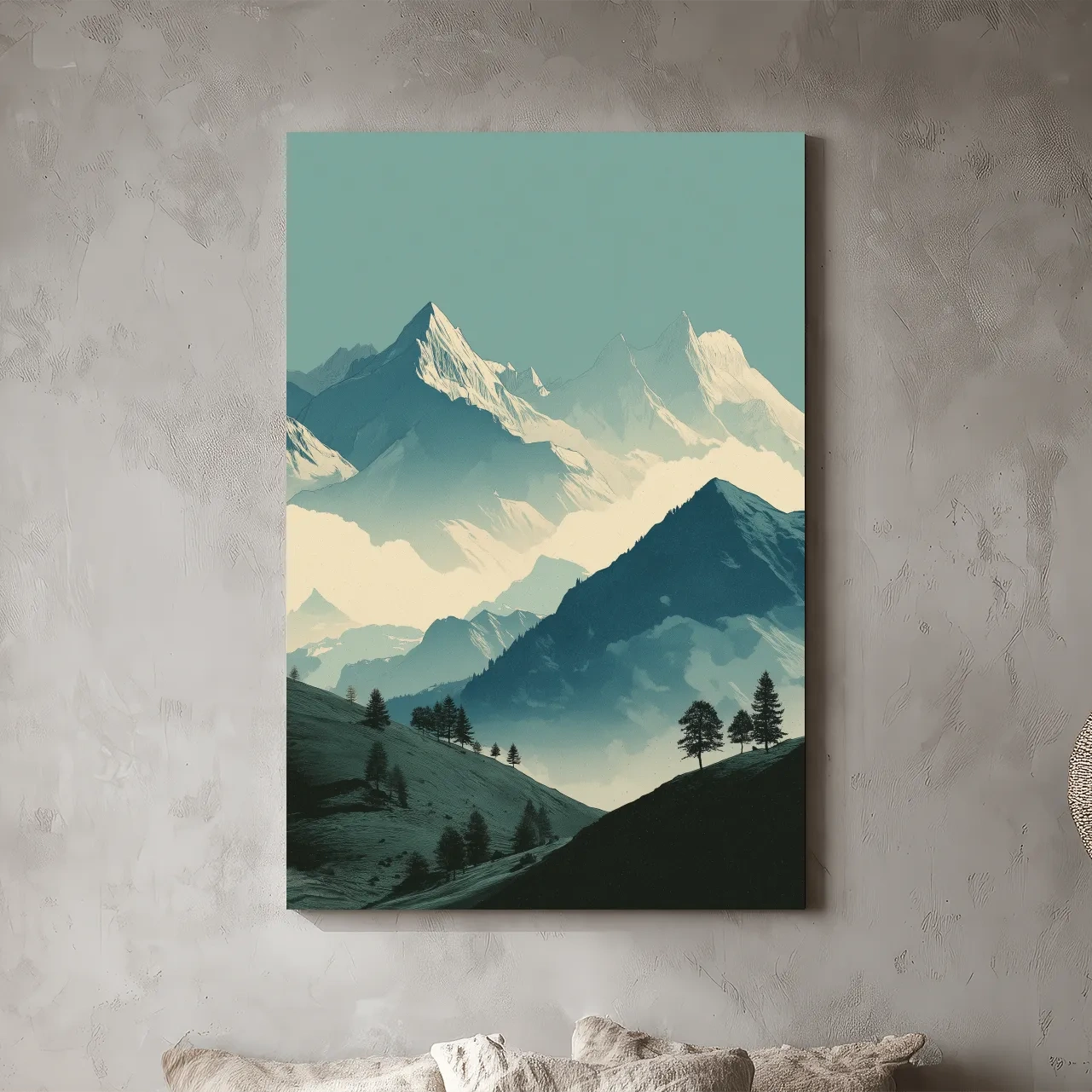 Misty Alpine Mountain Peaks Illustration - Serene Landscape Wall Art