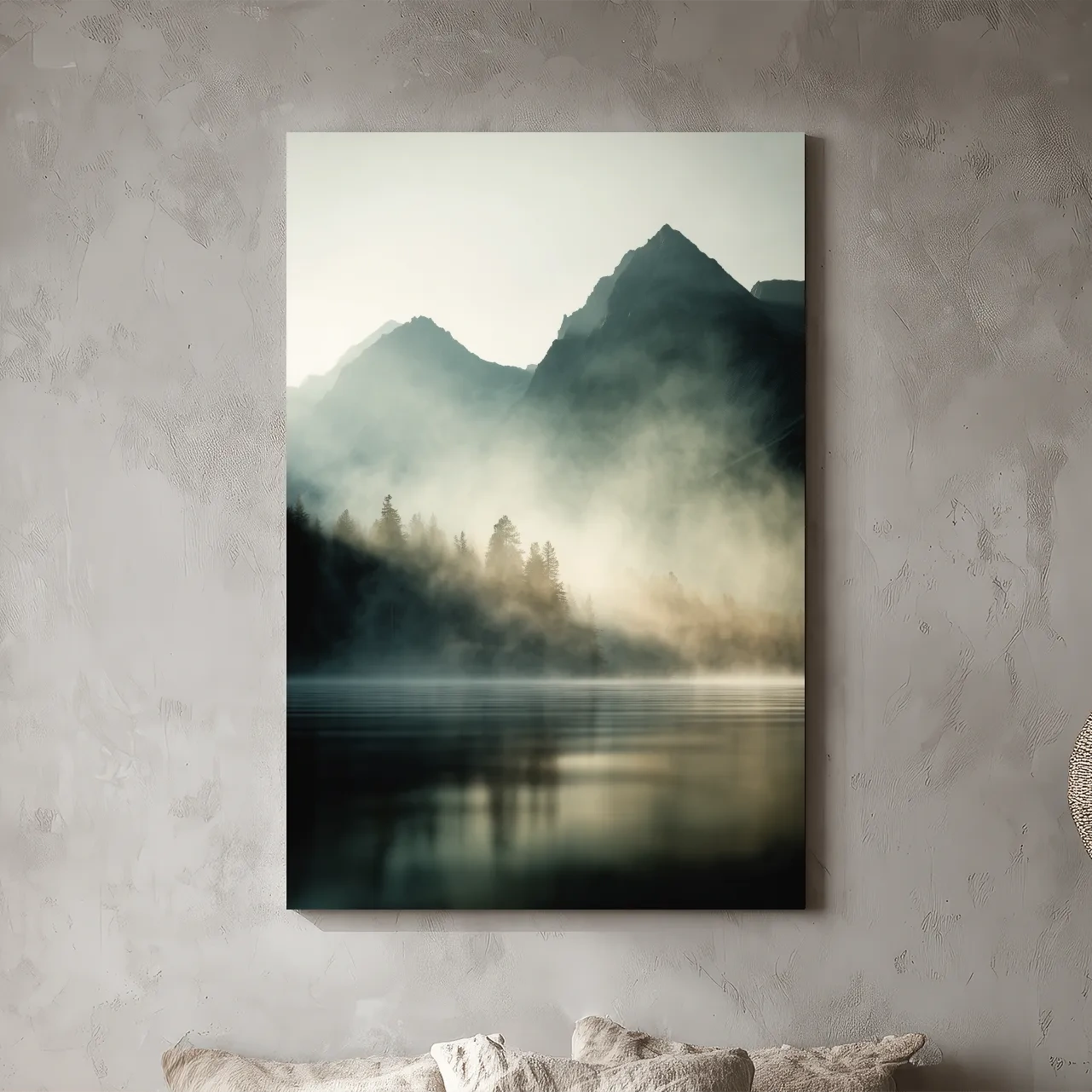 Moody Misty Mountain Lake Landscape - Serene Foggy Pine Forest Wall Art