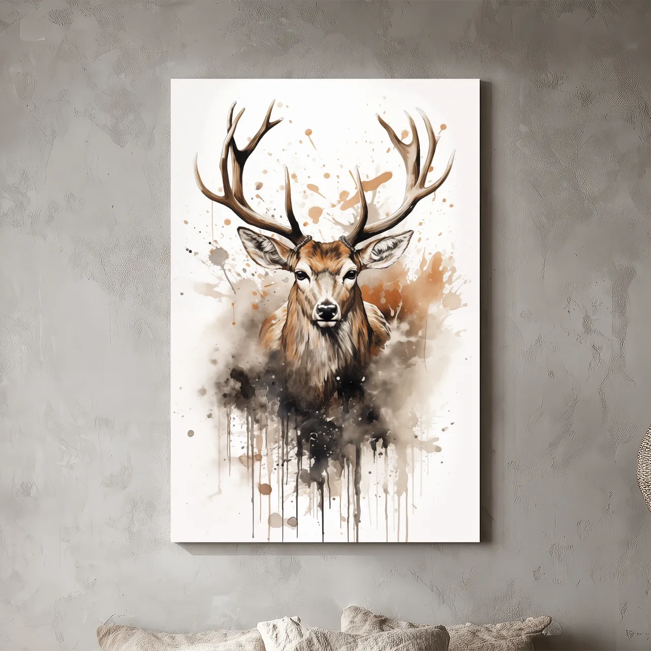 Majestic Stag Watercolor Splash Painting - Rustic Wildlife Wall Art