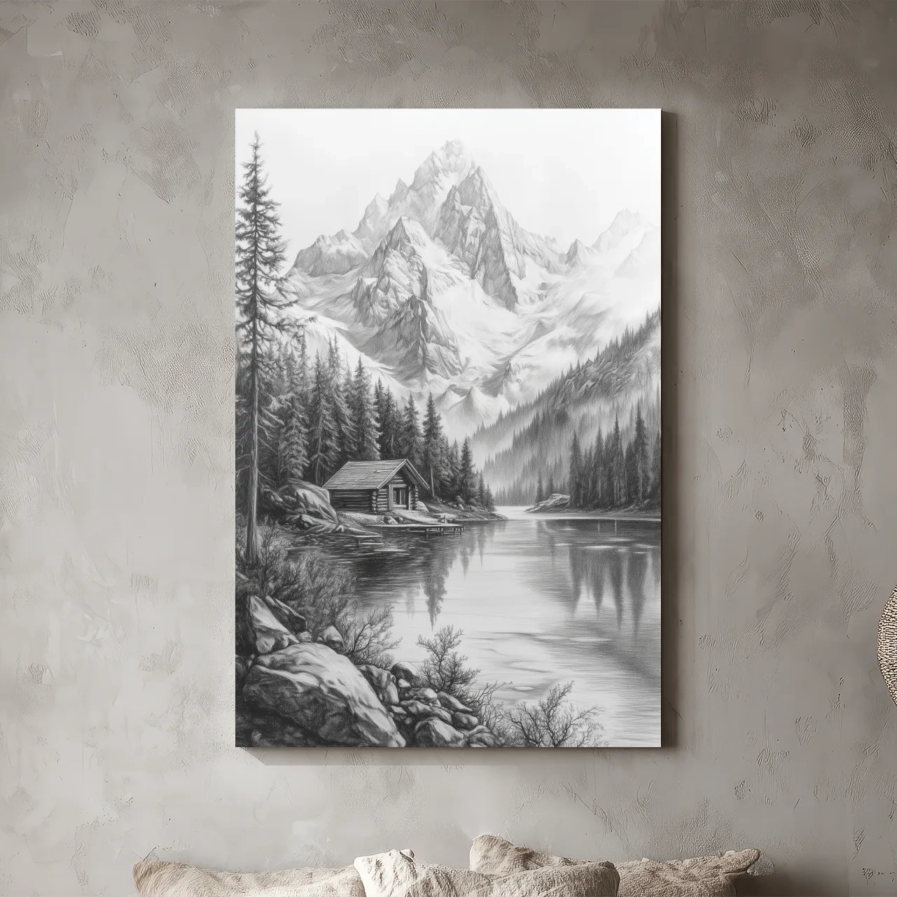 Monochrome Alpine Lake Cabin Sketch Art - Mountain Drawing Wall Art