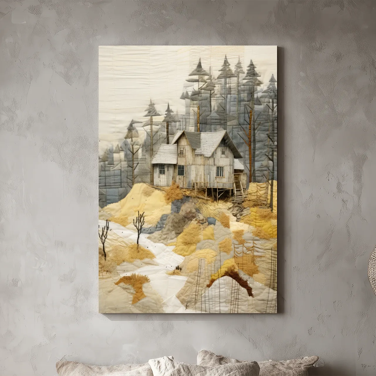 Rustic Woodland Cabin Landscape Quilt Art - Patchwork Style Mixed Media Wall Art