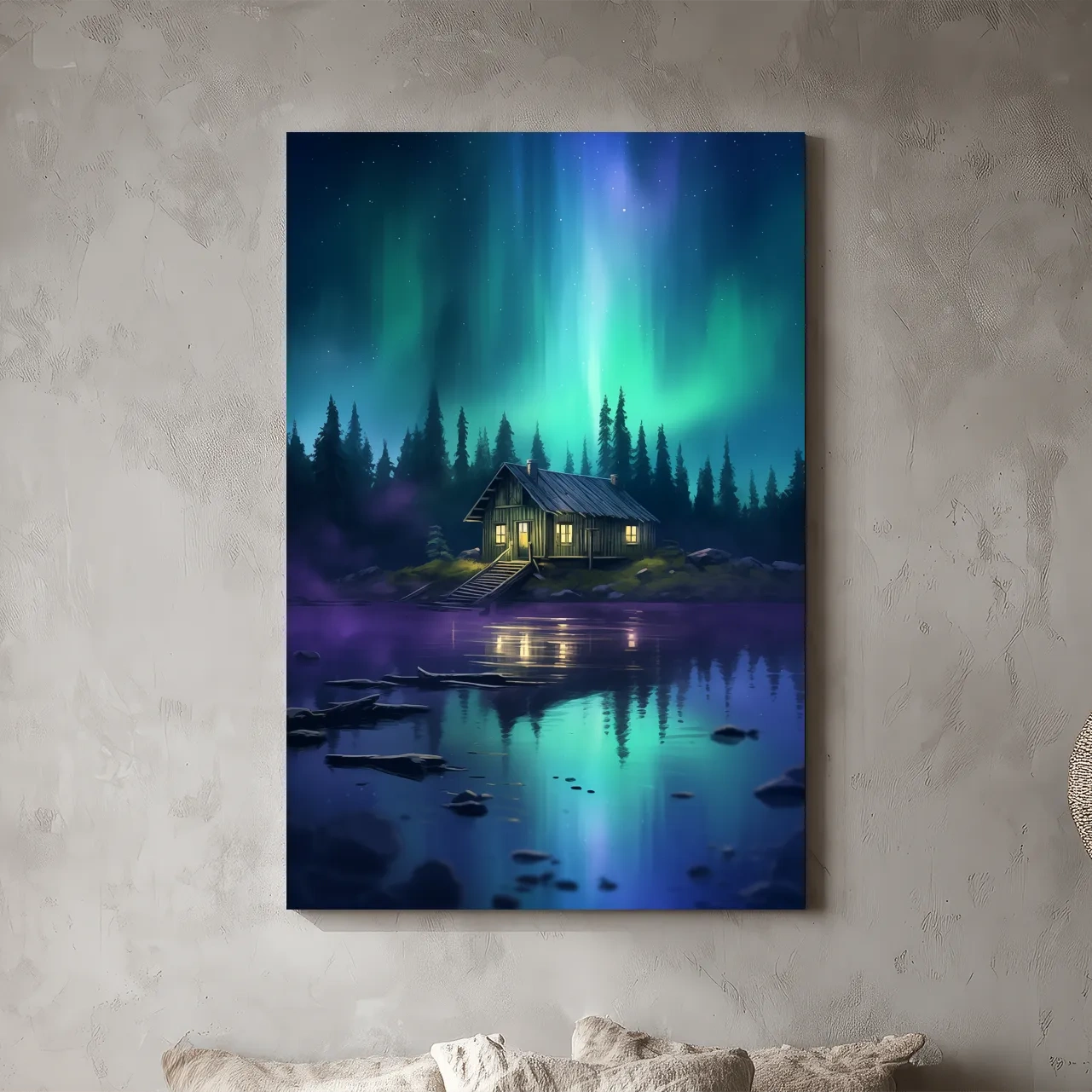 Vibrant Northern Lights Cabin Lake Painting - Aurora Borealis Night Wall Art