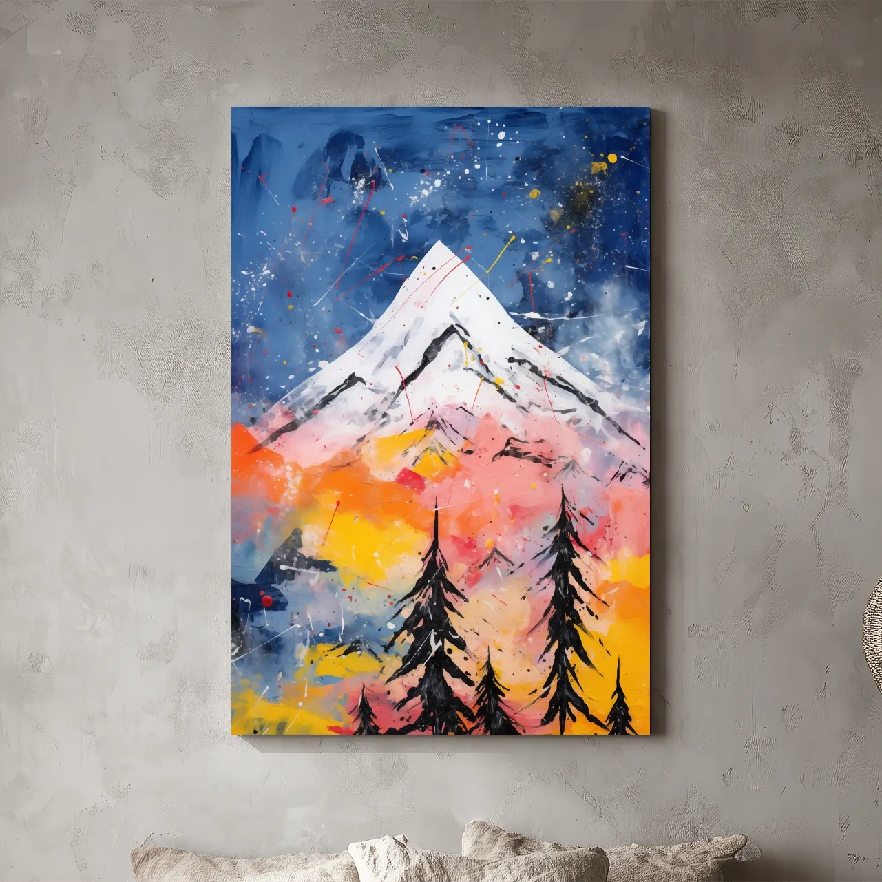 Vibrant Abstract Mountain Peak Sunset Painting - Colorful Acrylic Splash Forest Wall Art