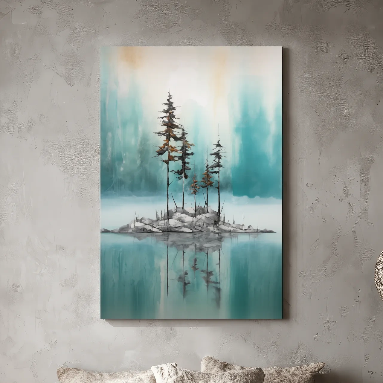 Misty Pine Trees Reflection - Watercolor Turquoise Alpine Lake Wall Art