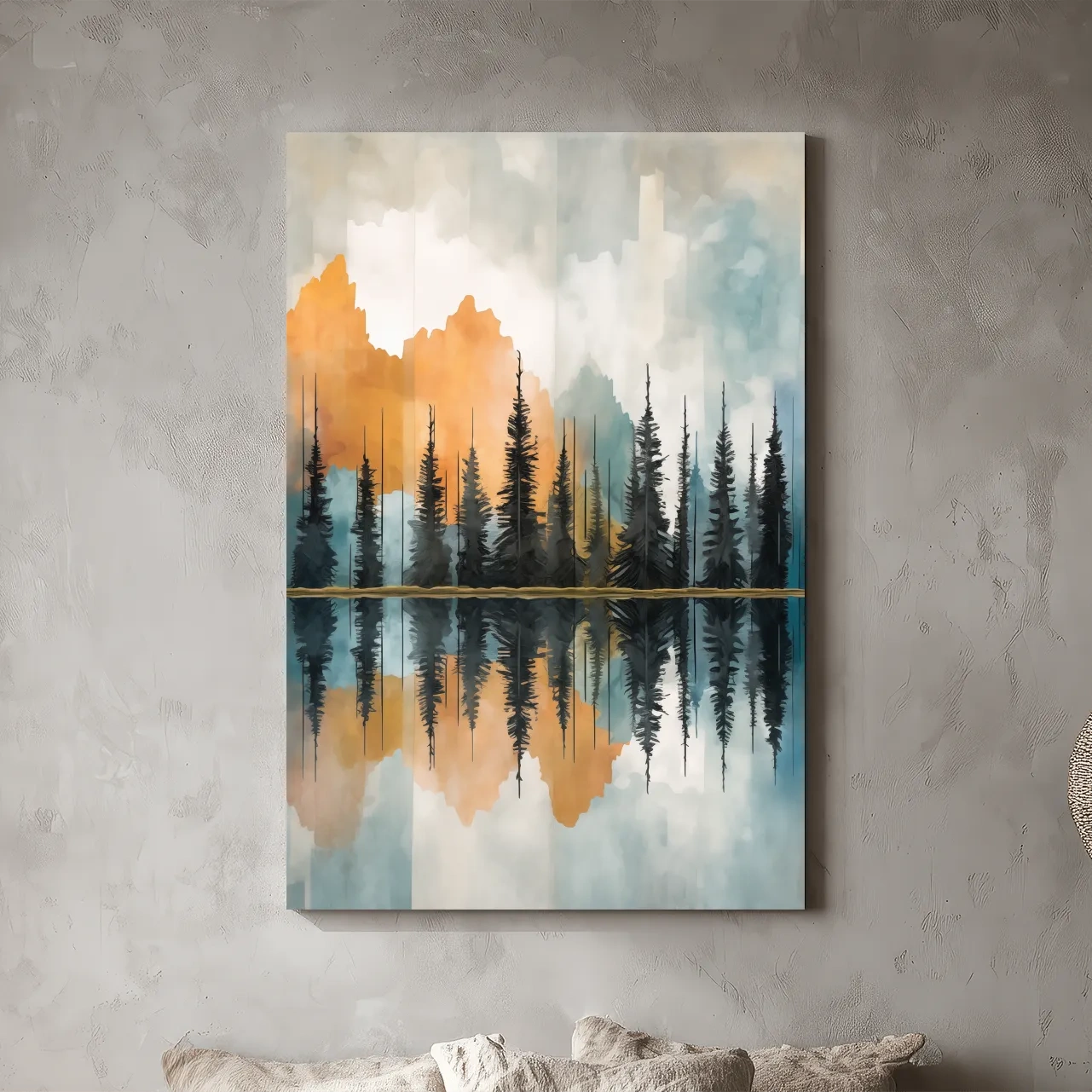 Abstract Watercolor Mountain Lake Reflection - Alpine Forest Landscape Artwork