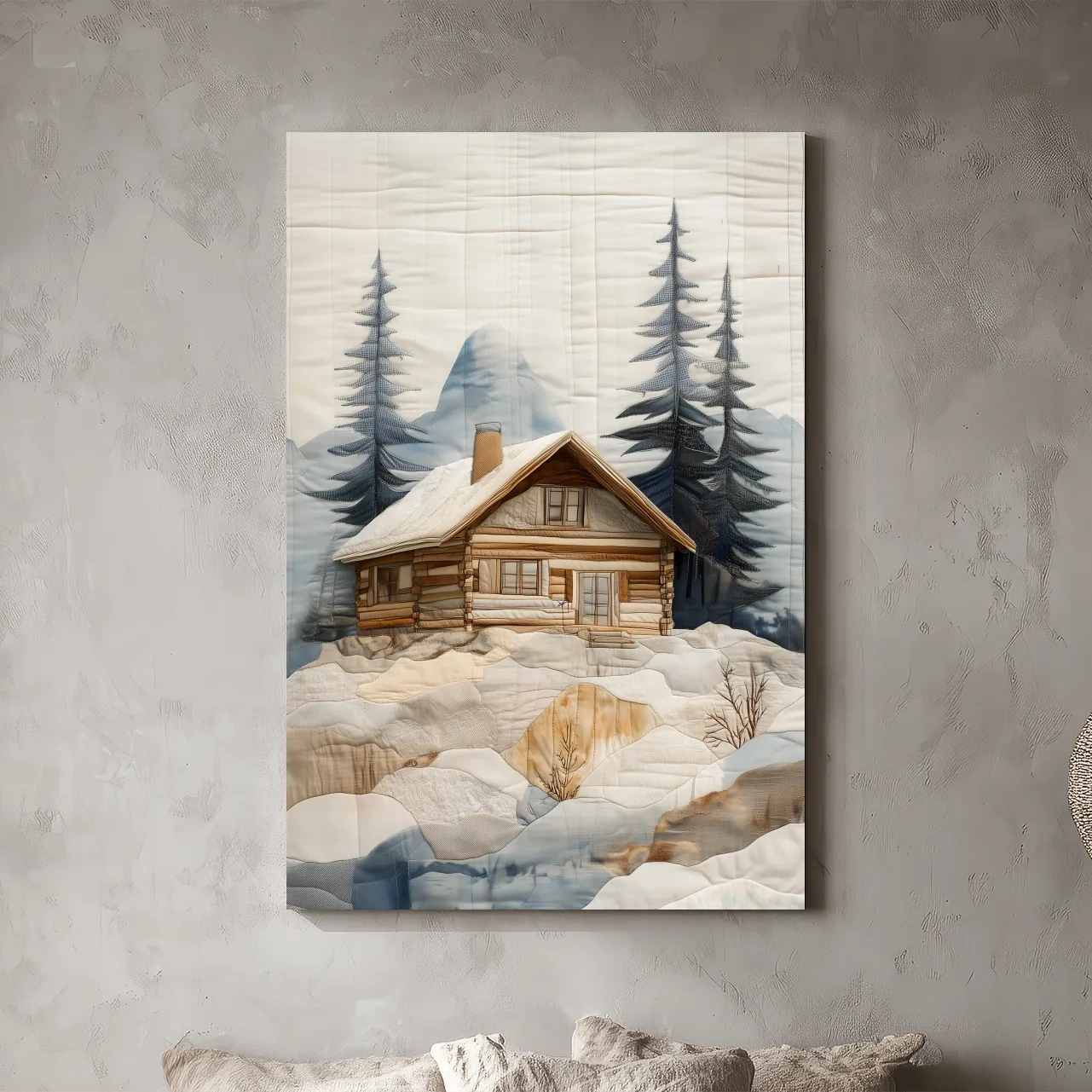 Rustic Winter Cabin In Snowy Pines - Textured Patchwork Fabric Effect Wall Art