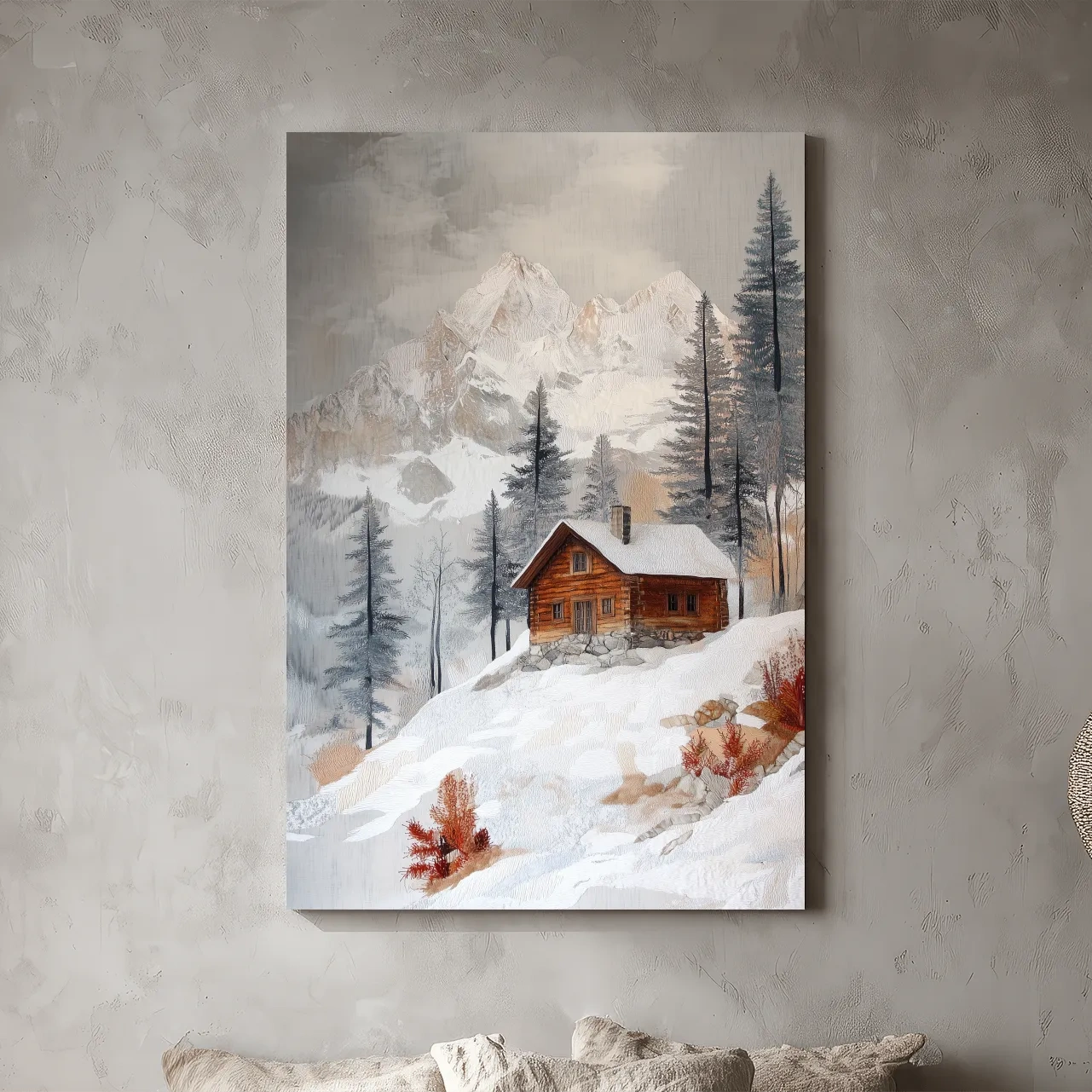 Snowy Mountain Cabin Landscape Painting - Rustic Winter Wilderness Wall Art