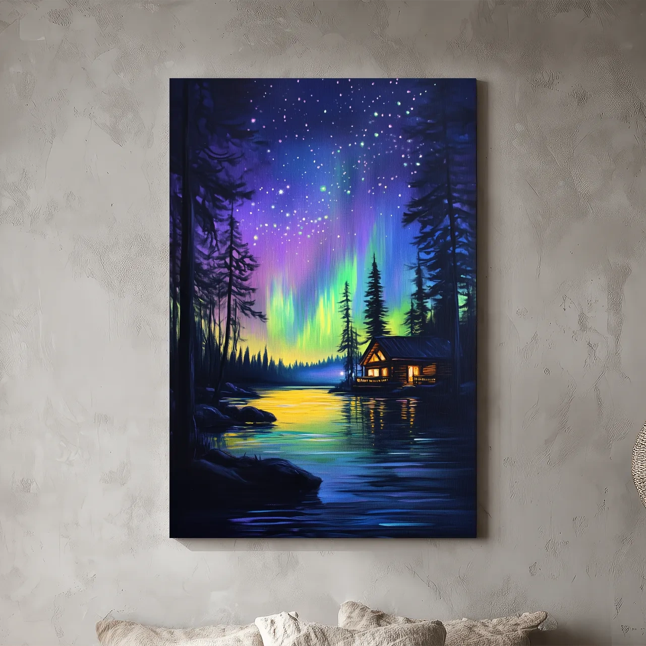 Vibrant Northern Lights Lakeside Cabin Painting - Aurora Borealis Night Landscape Wall Art