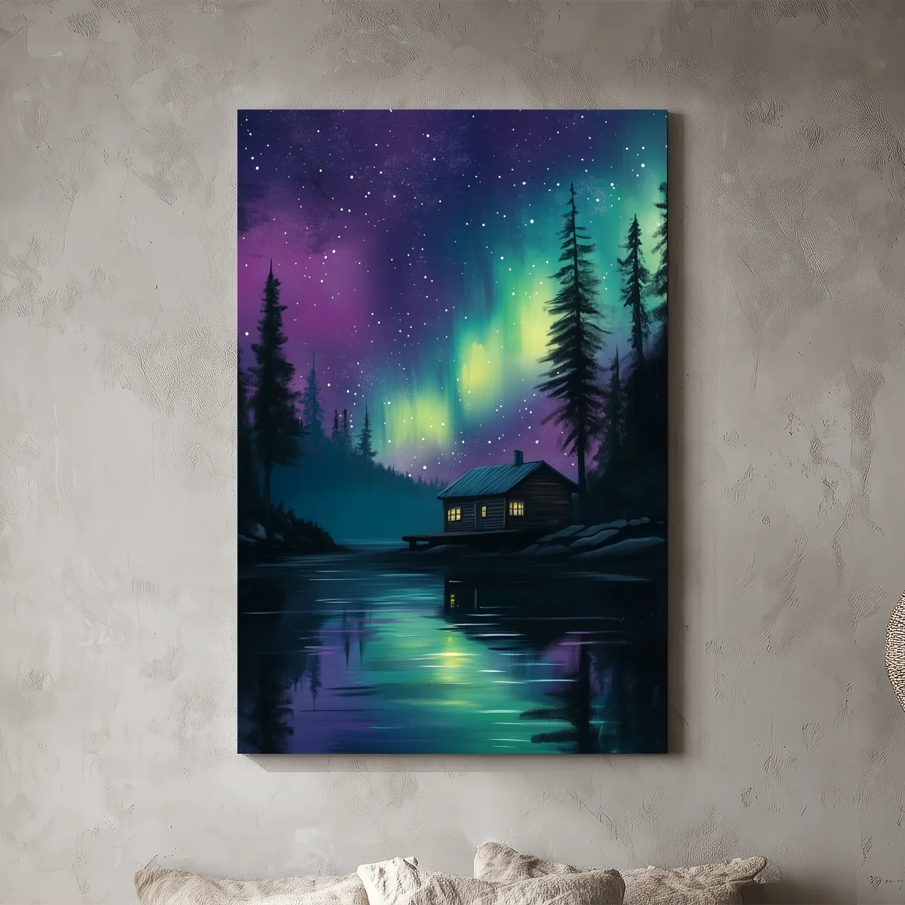 Aurora Borealis Lake Cabin Painting - Northern Lights Wall Art