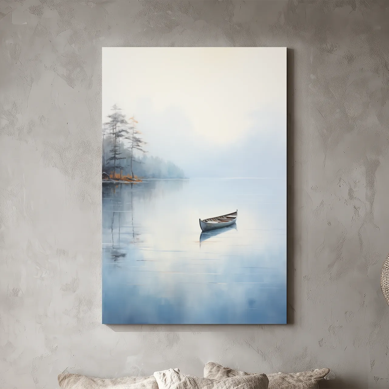 Misty Lake Canoe Reflection Painting - Serene Minimalist Waterscape Wall Art