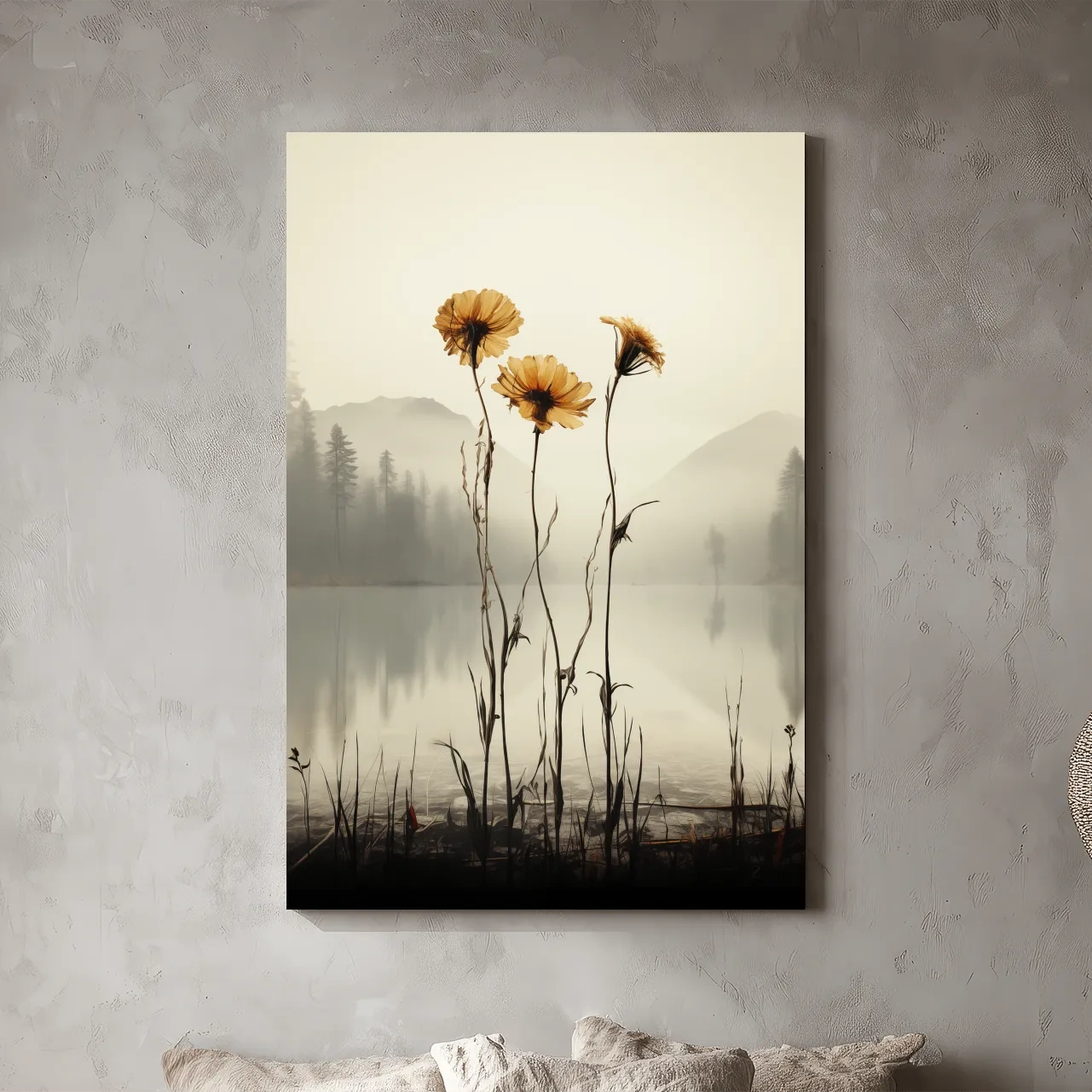 Wildflower Misty Lake Landscape - Minimalist Botanical Wall Art