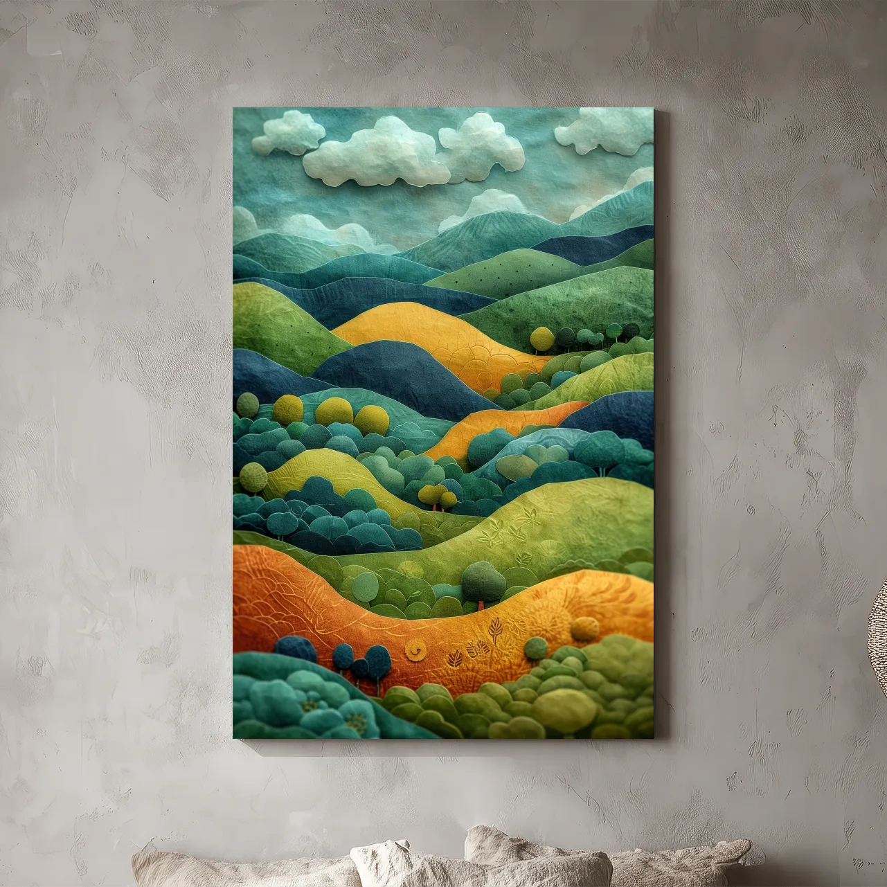 3D Layered Paper Cut Style Mountain Artwork - Whimsical Surreal Landscape Wall Art