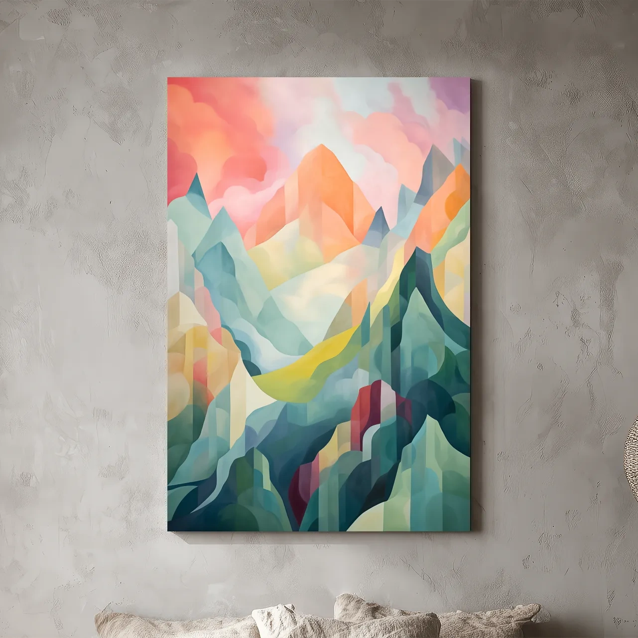Vibrant Abstract Pastel Mountain Sunset - Geometric Watercolor Style Wall Art