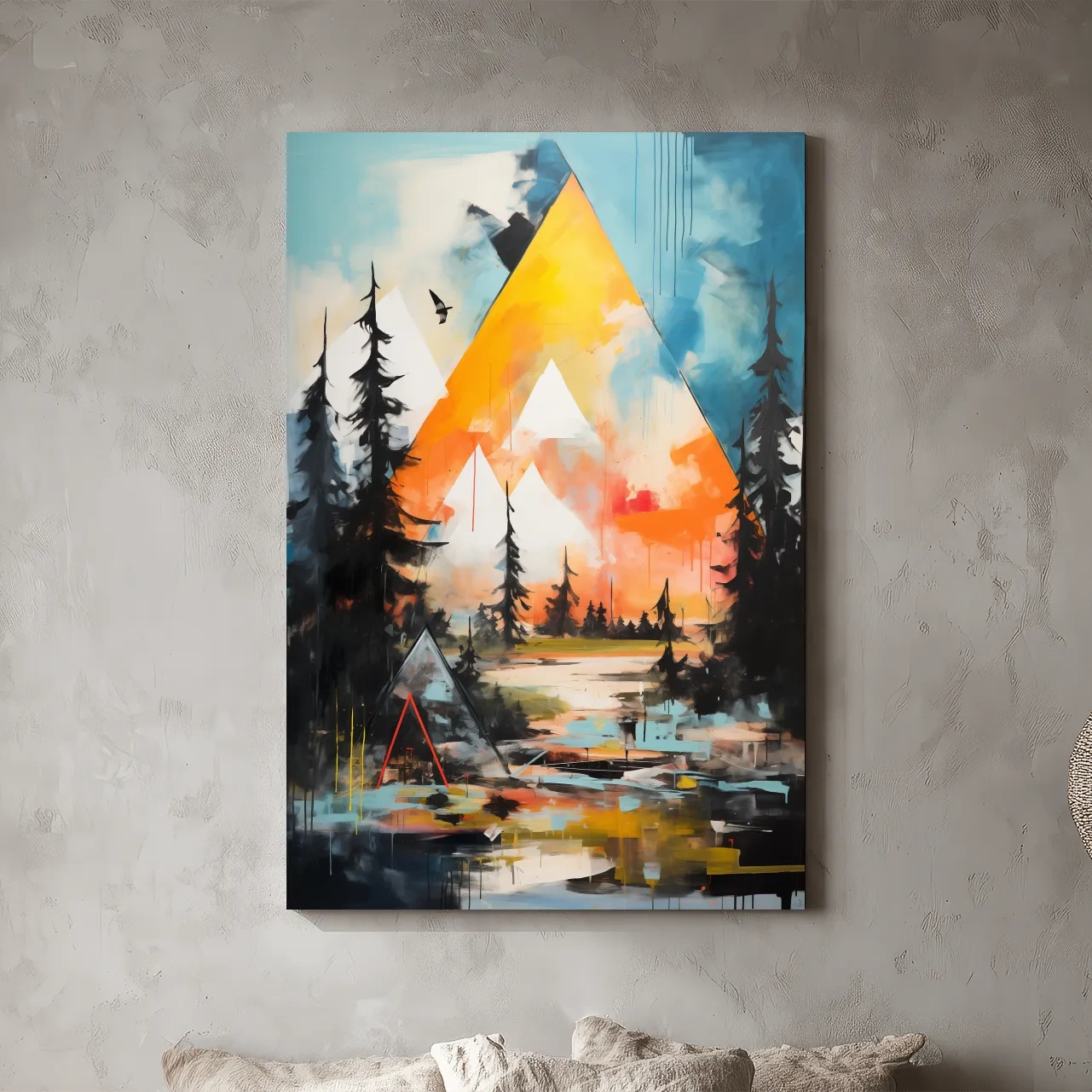 Vibrant Abstract Mountain Painting - Modern Geometric Alpine Forest Wall Art