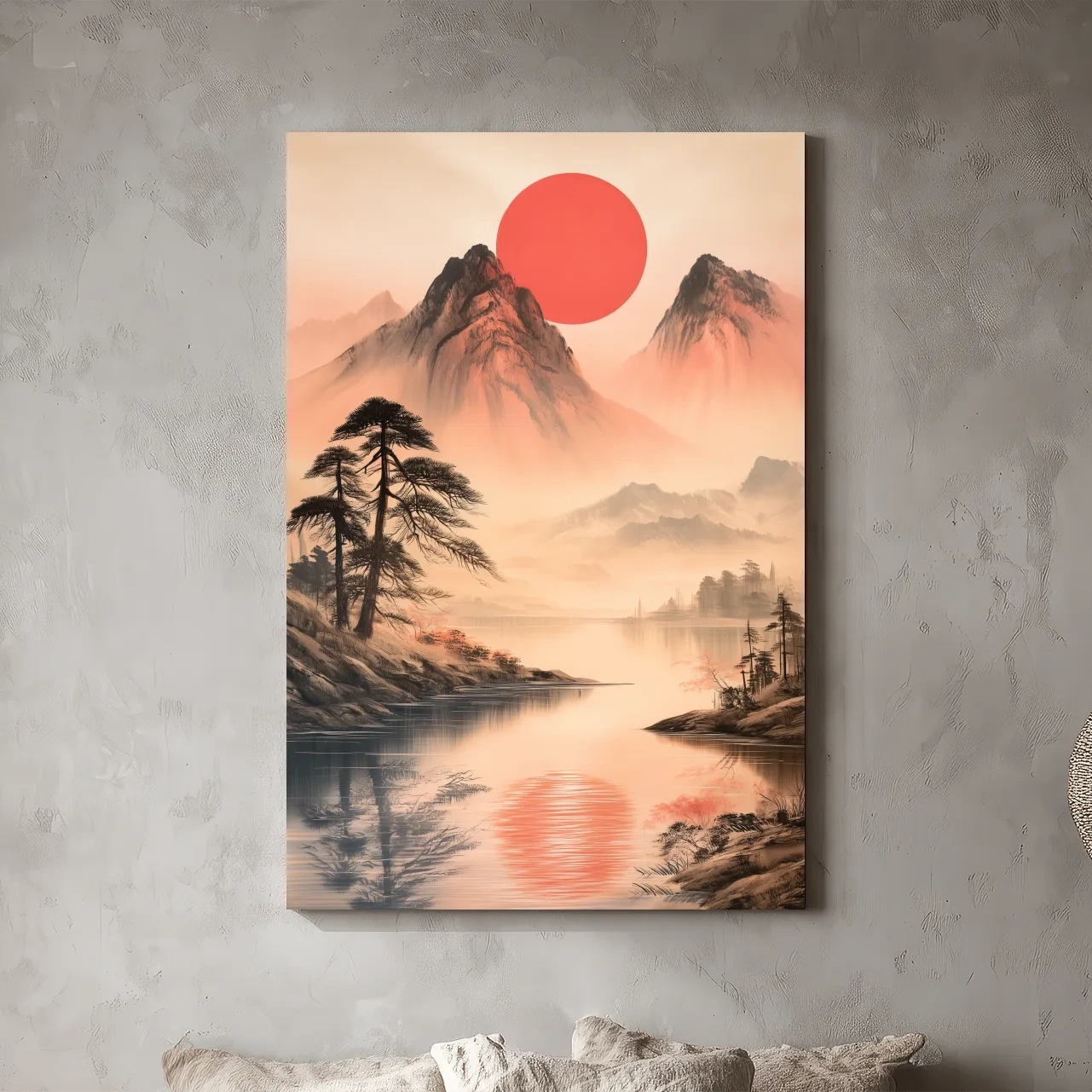 Zen Misty Mountain Lake Sunrise - Japanese Ink Wash Wall Art