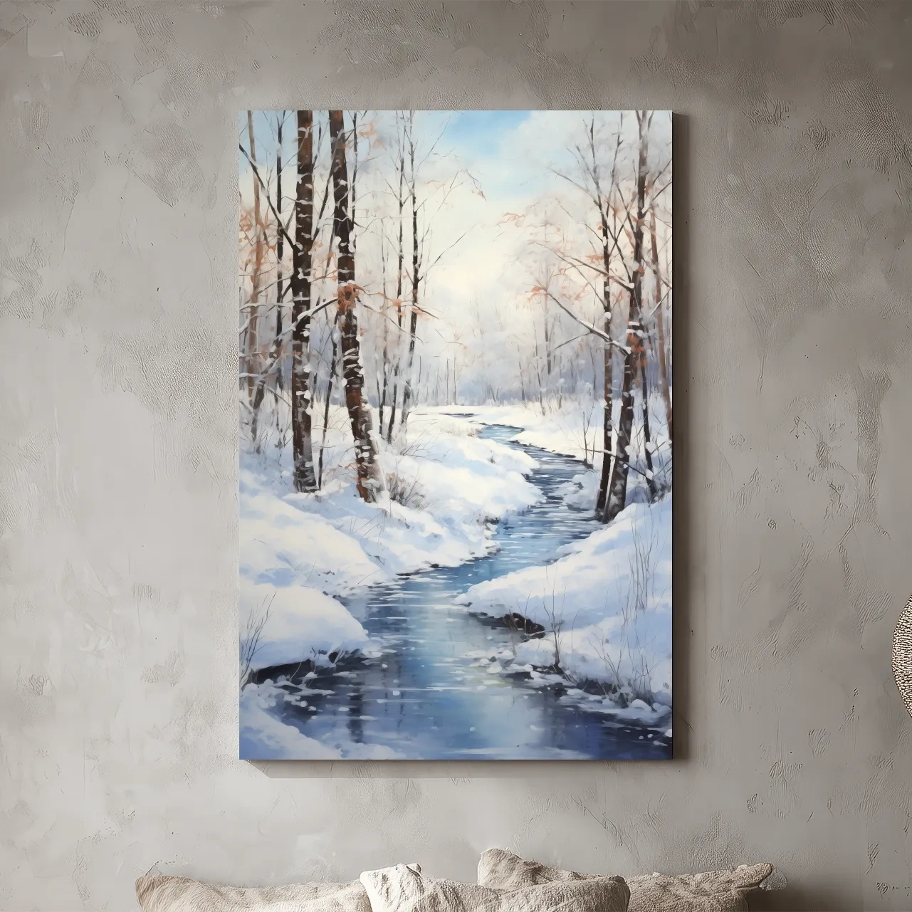 Serene Winter River Forest Painting - Snowy Woodland Wall Art