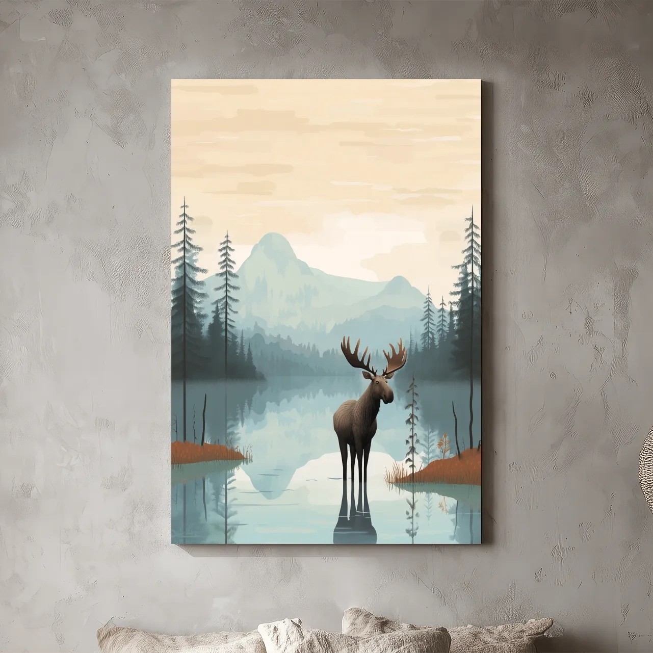 Moose Mountain Lake Illustration - Nursery Forest Mountain Wall Art