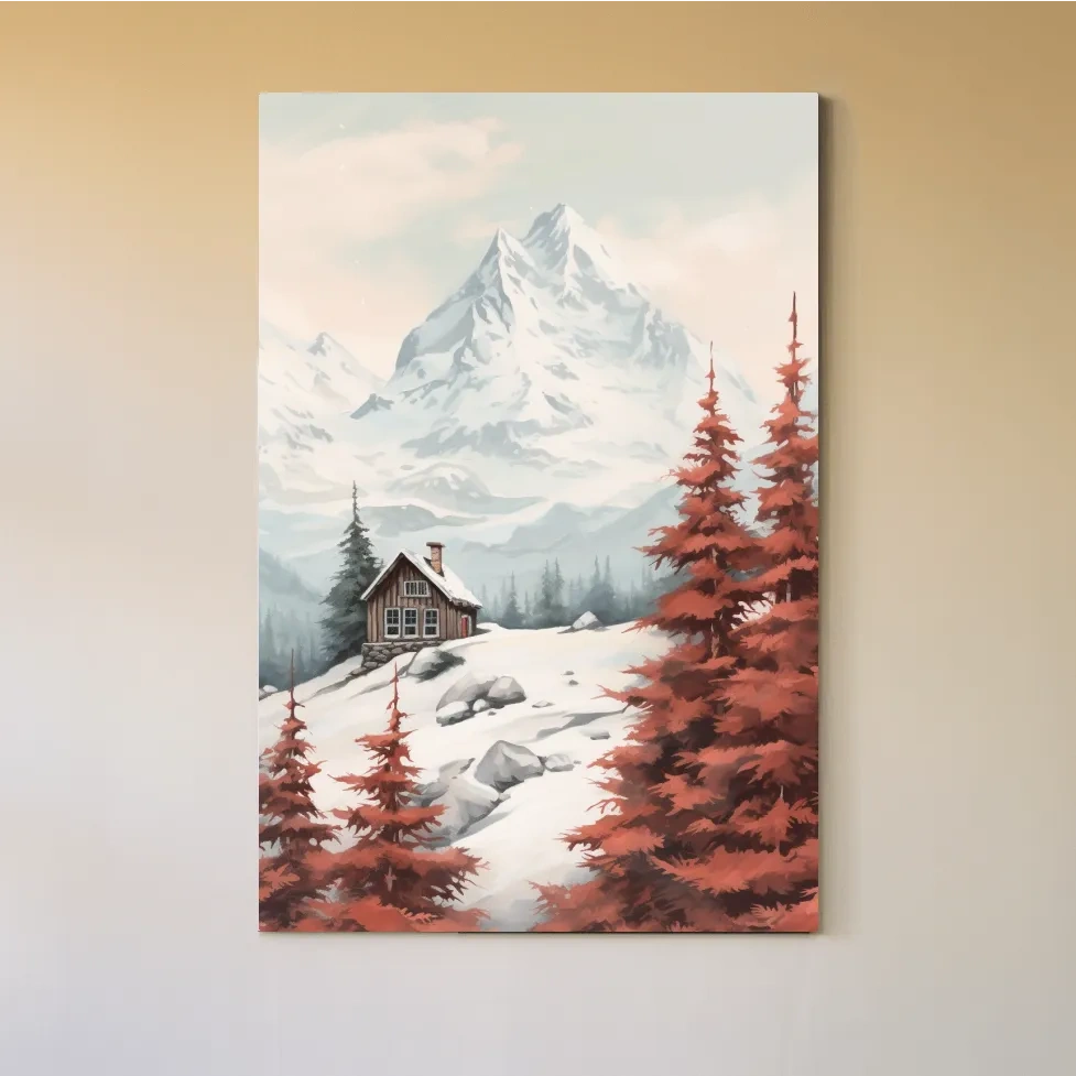 Painting of a snowy alpine scene, red fall leaves, an alpine cabin and glacier