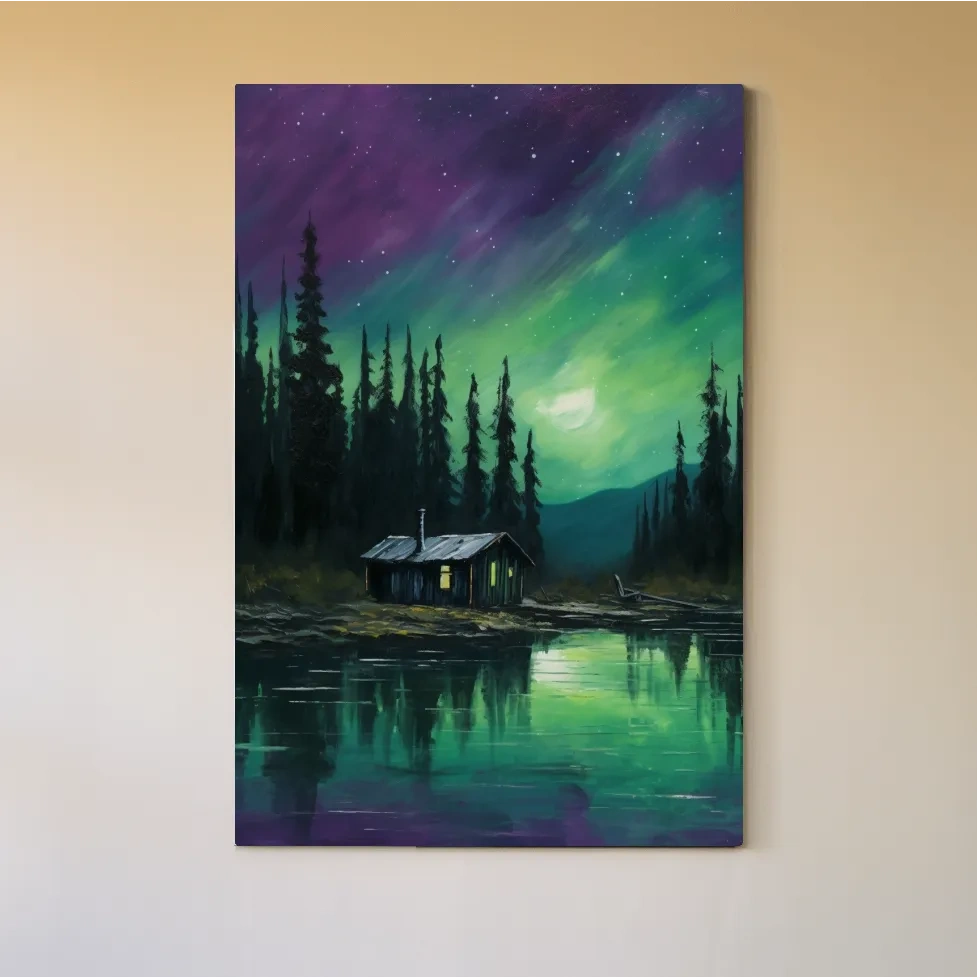Painting of cabin by a lake under the northern lights night sky