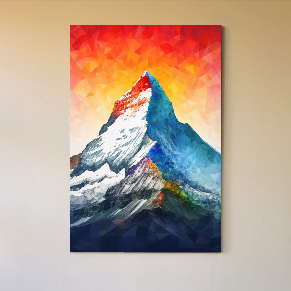 Vibrant abstract mountain painting, sunset over a glacier
