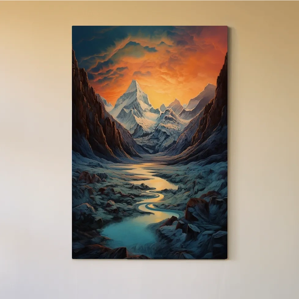 Oil painting of a glacier at sunset