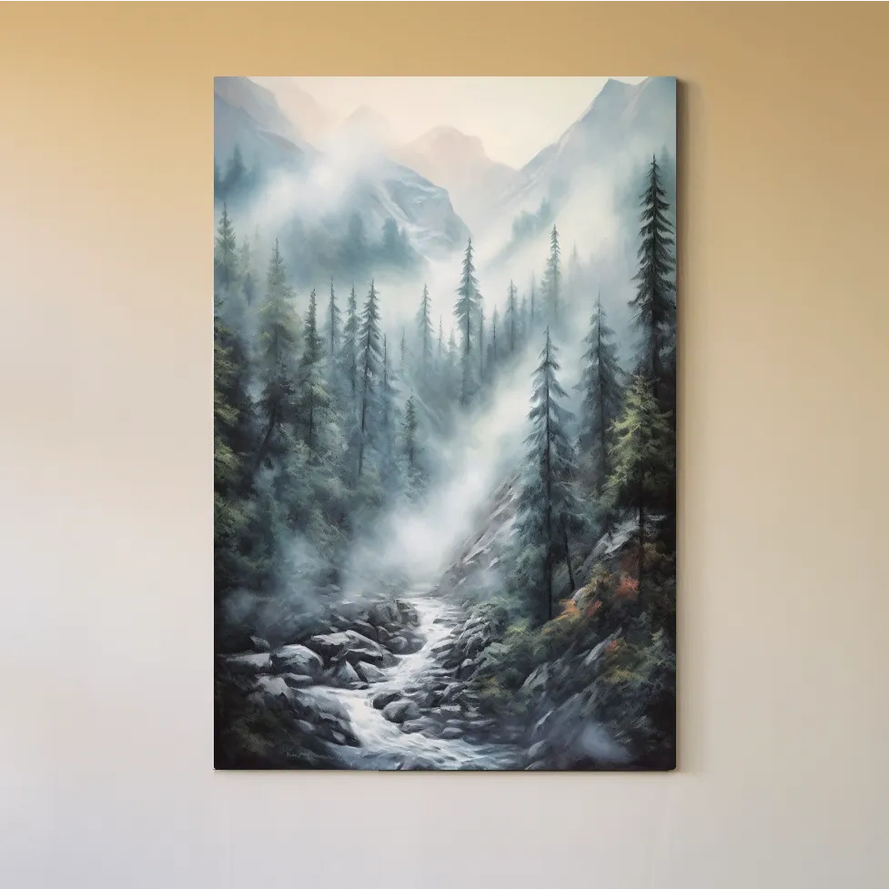 Misty Alpine Pine Forest River Painting - Moody Mountain Landscape Wall Art