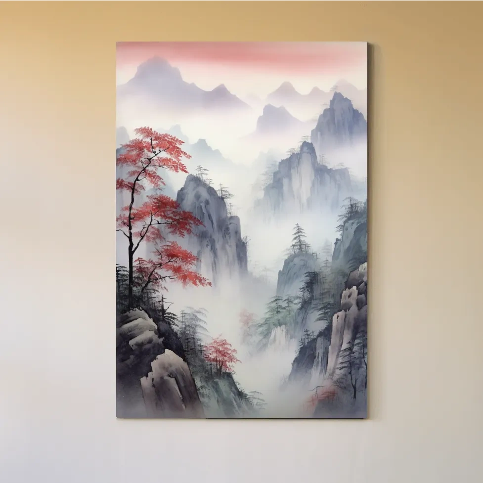 Chinese style ink wash watercolour painting of a foggy mountain scene