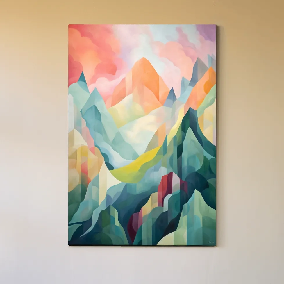 Abstract painting of mountains at sunset
