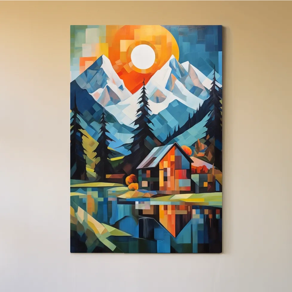 Abstract impressionist painting of a cabin by a lake and mountain at sunset